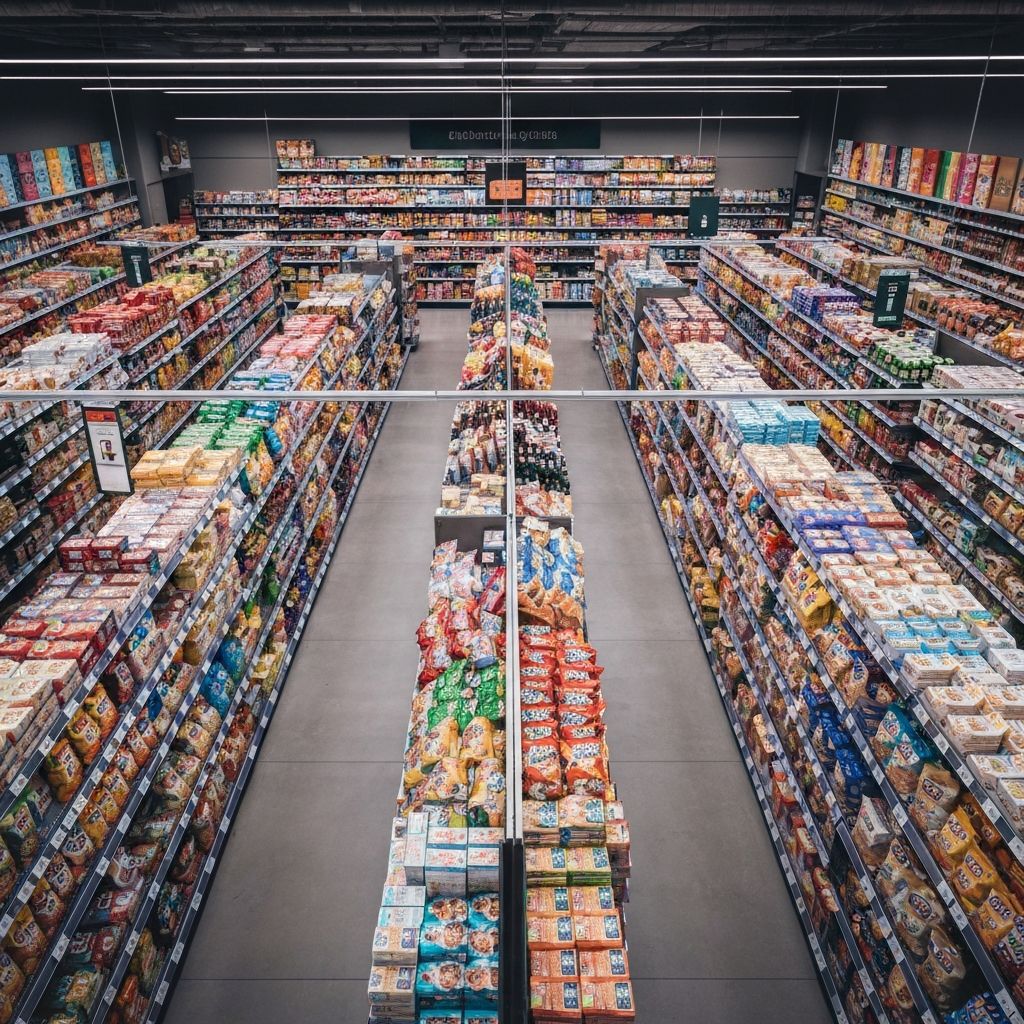 Busy supermarket aisle with processed foods