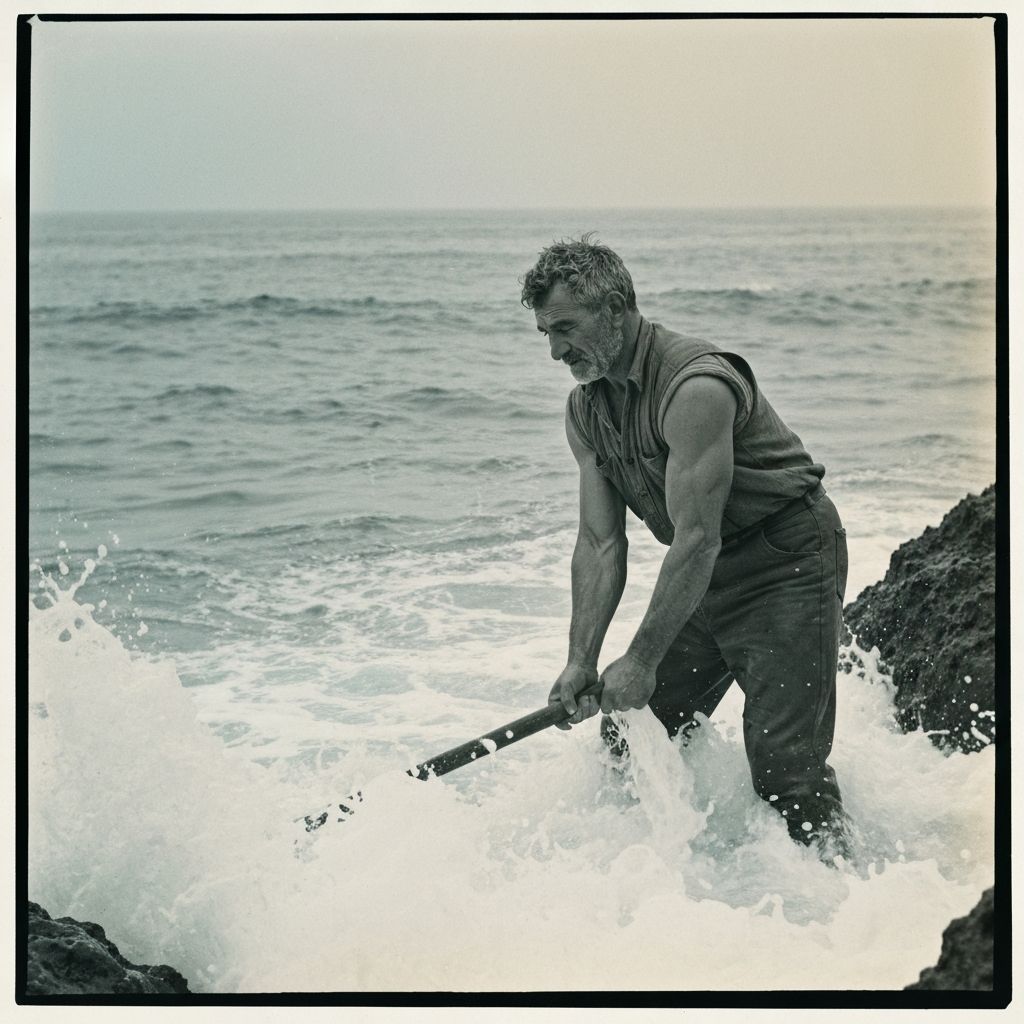 Man working by the sea with waves